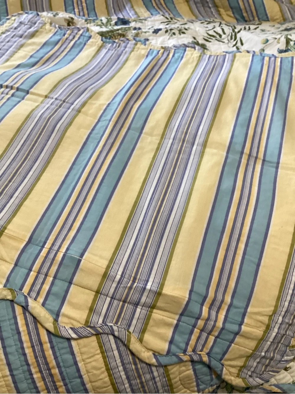 Waverly Blue, Green & Cream Reversible Floral Stripe Quilt